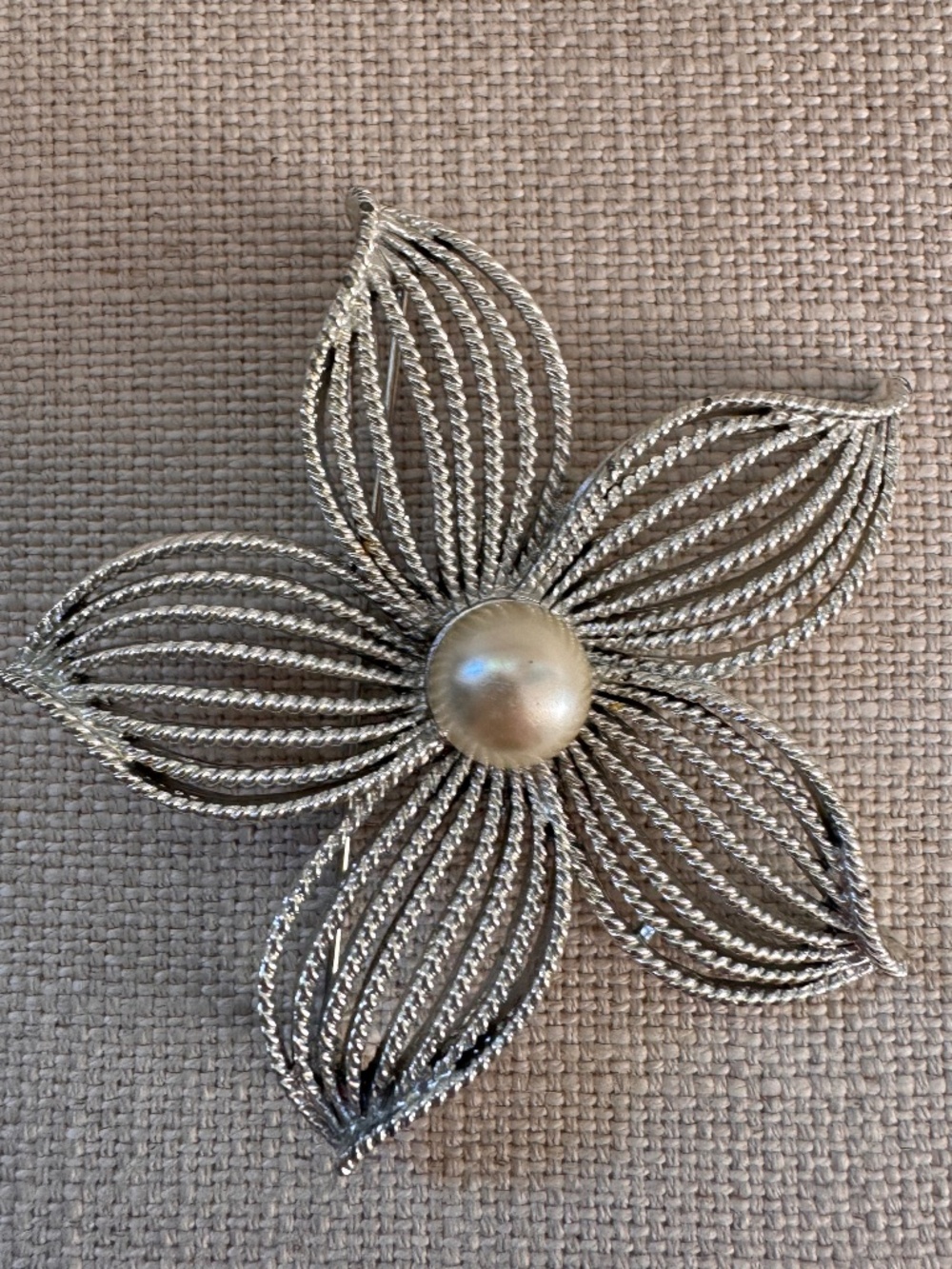 Vintage Silver Tone Floral Brooch | Faux Pearl Statement Pin | Estate Style